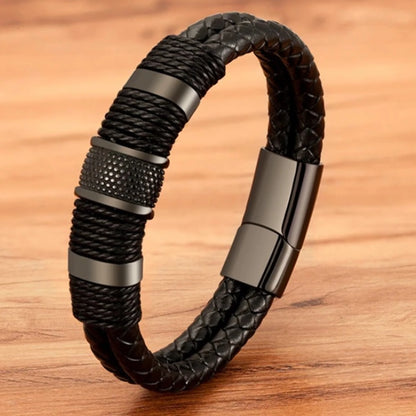 Double Layer Woven Leather Rope Bracelet for Men in 3 Lengths, Black, 8.3 In