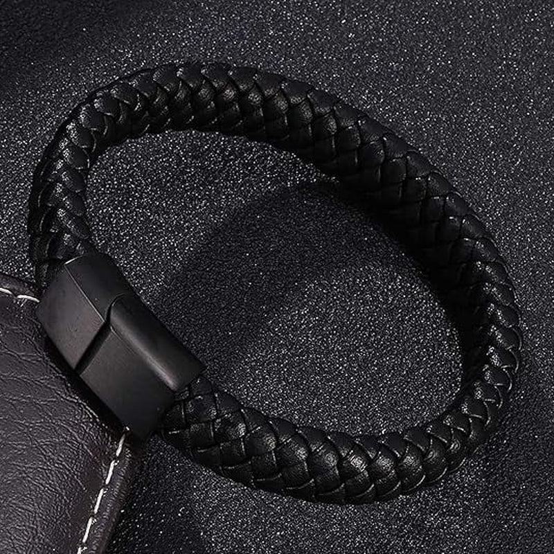 Link Bracelet for Men Black, Bracelet Men Leather Braided Leather Cord Bracelet Stainless Steel Men Bracelet