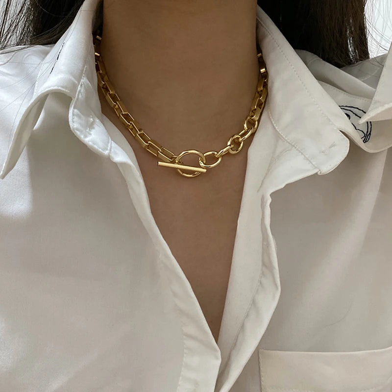 Box Chain Toggle Clasp Gold Color Necklaces Mixed Linked Circle Necklaces for Women Minimalist Choker Necklace Jewelry