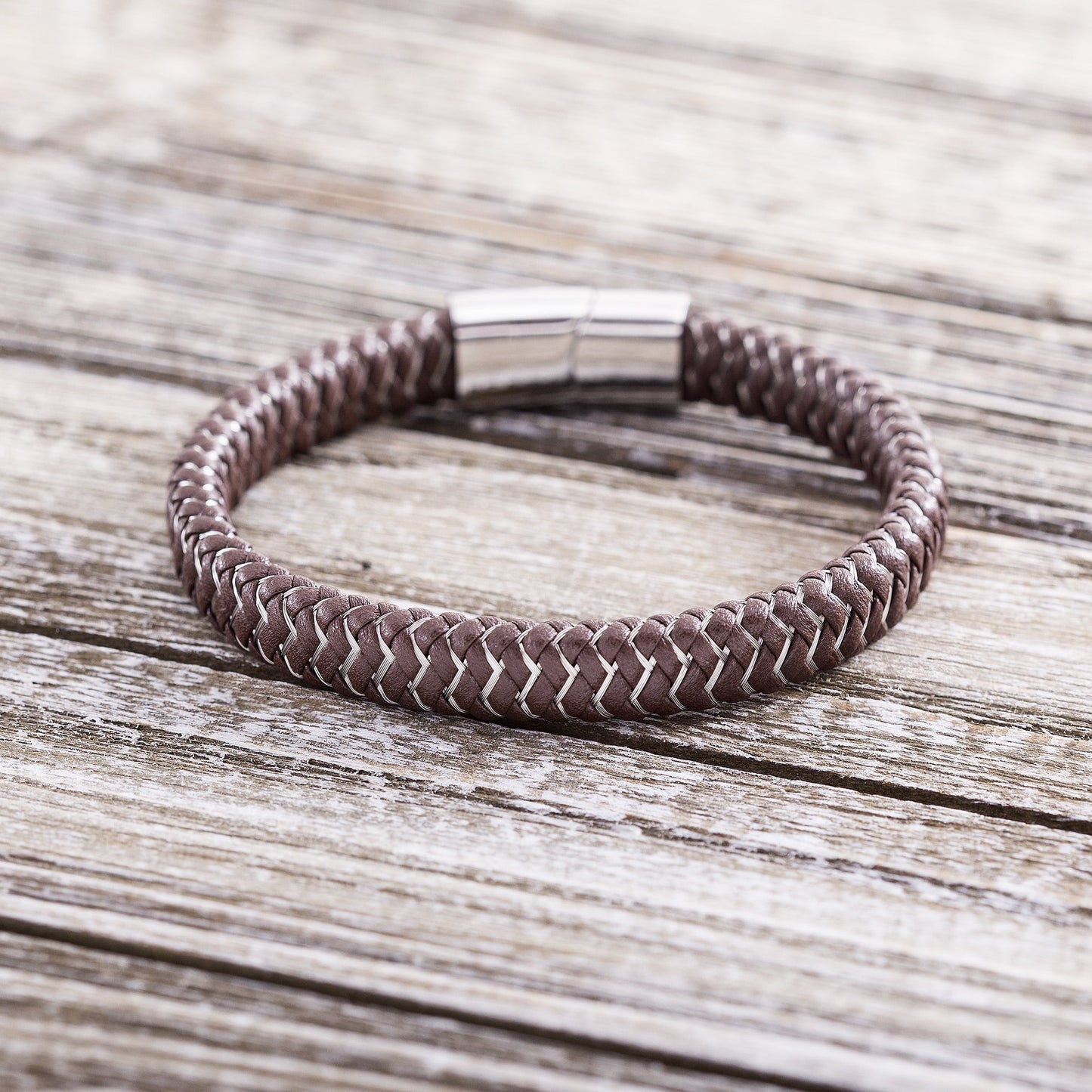 Brown Zig Zag Braided Leather Bracelet in Stainless Steel for Men