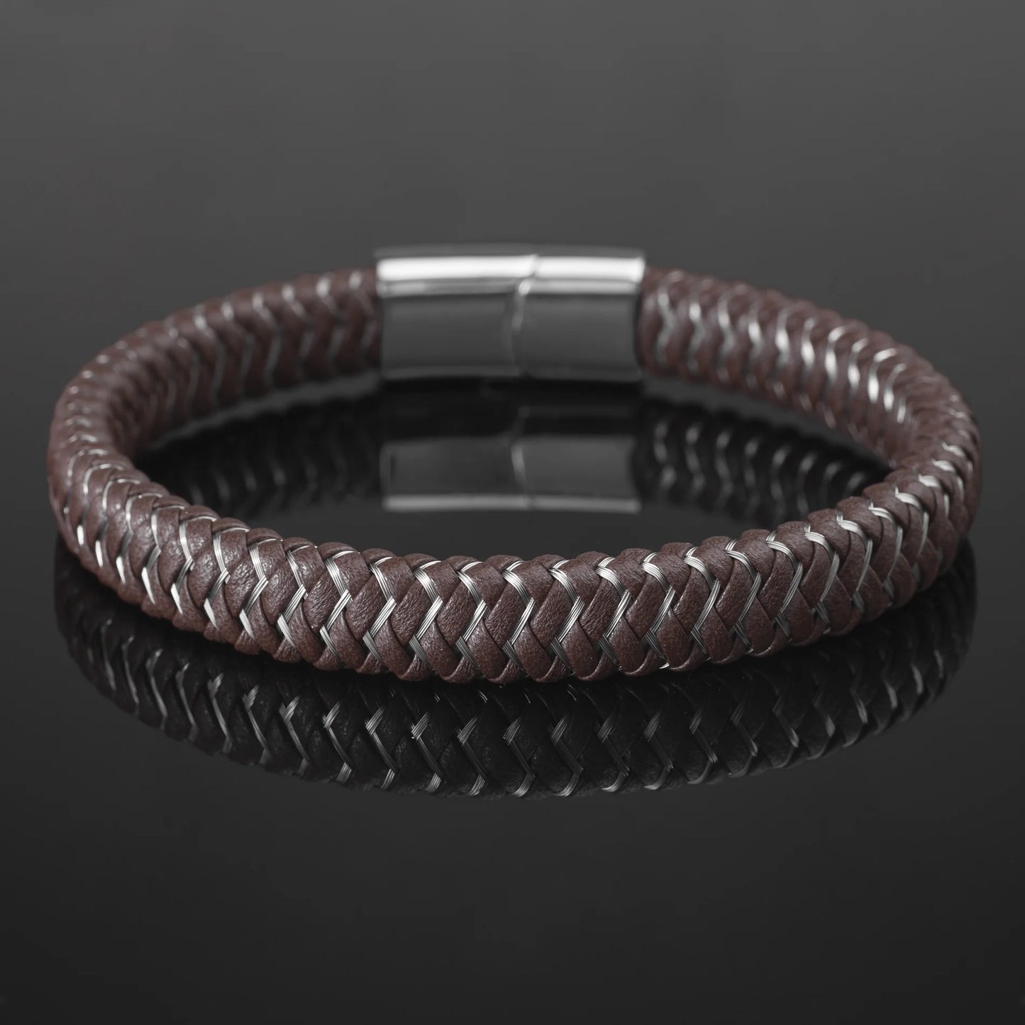 Brown Zig Zag Braided Leather Bracelet in Stainless Steel for Men