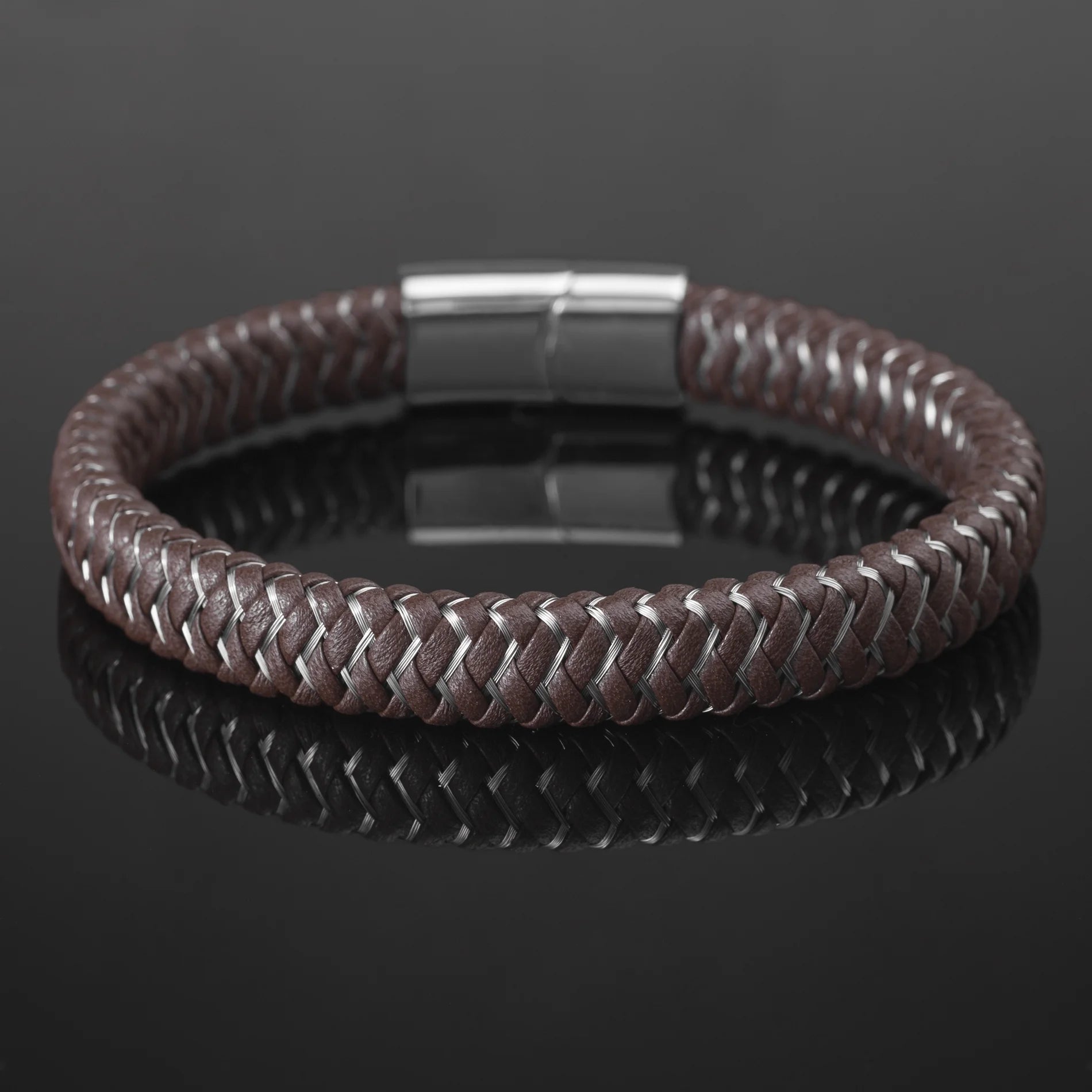 Brown Zig Zag Braided Leather Bracelet in Stainless Steel for Men