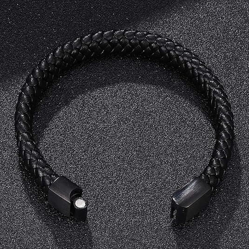 Link Bracelet for Men Black, Bracelet Men Leather Braided Leather Cord Bracelet Stainless Steel Men Bracelet