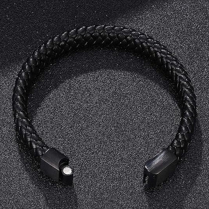 Link Bracelet for Men Black, Bracelet Men Leather Braided Leather Cord Bracelet Stainless Steel Men Bracelet