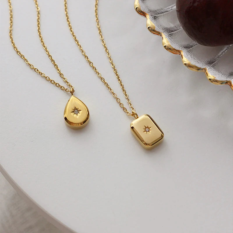 2 Designs Titanium Steel Waterdrop Star Square Geometric Necklaces for Women Minimalist Cz Starburst Necklaces 2021