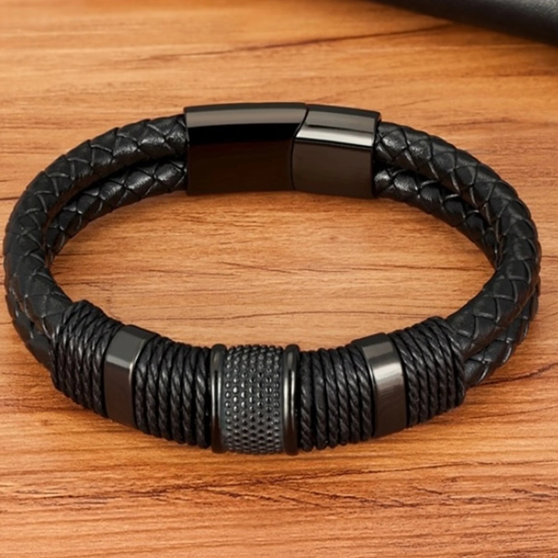 Double Layer Woven Leather Rope Bracelet for Men in 3 Lengths, Black, 8.3 In