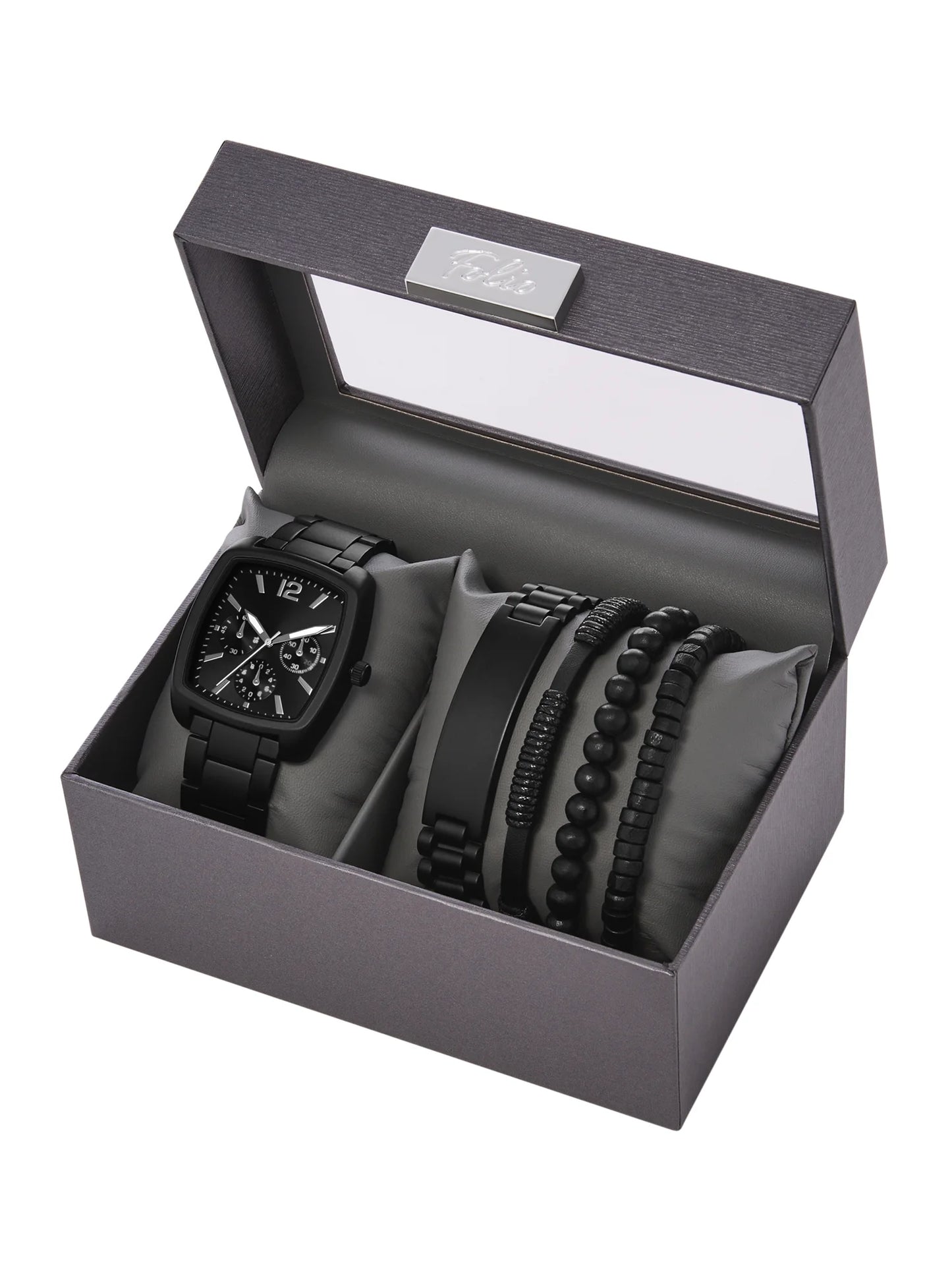 Men'S Gift Set; Matte Black Barrel Case Bracelet Watch, Gunmetal Sunray Dial with Layered Bracelets (FMDAL1185)