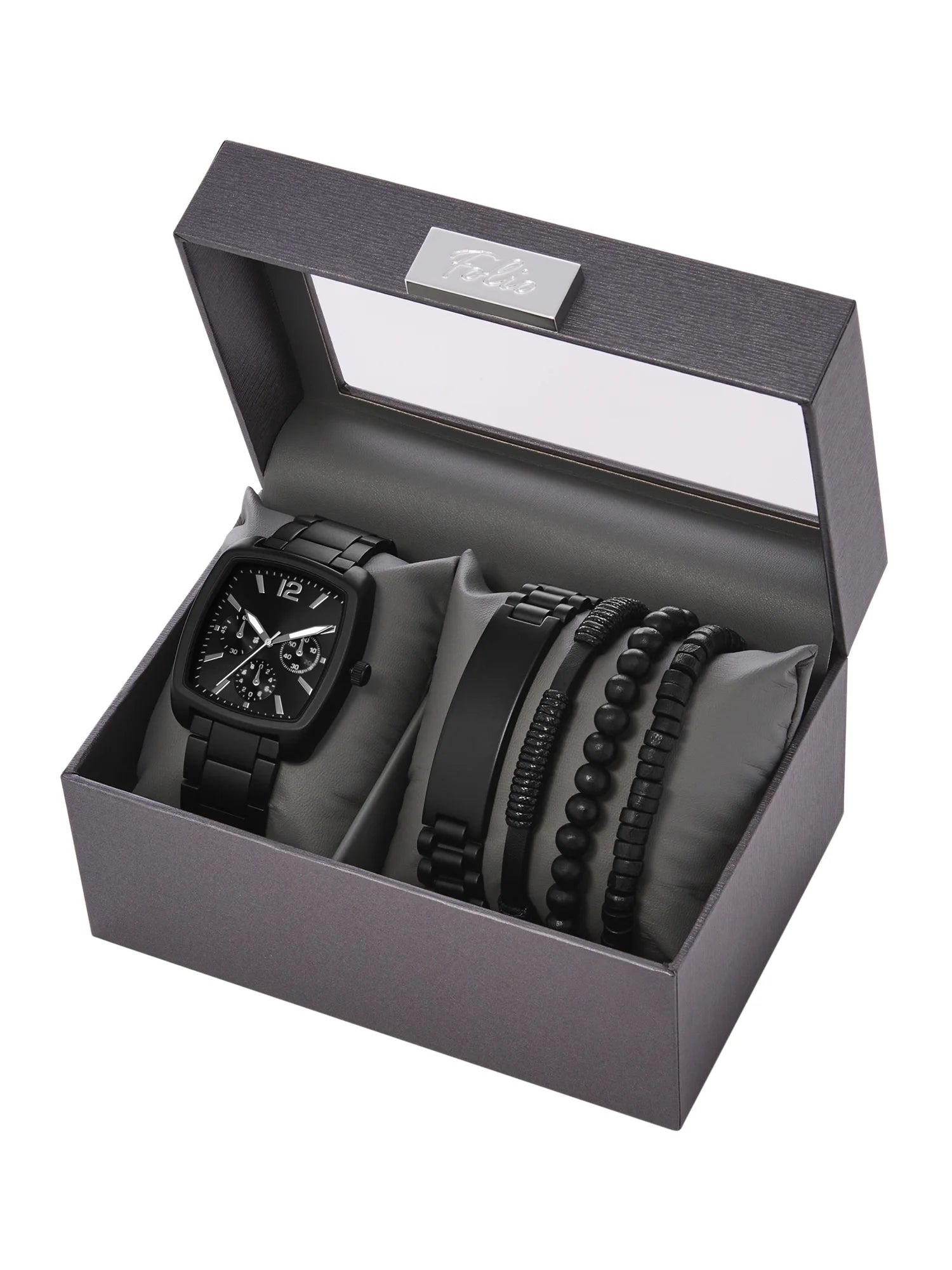 Men'S Gift Set; Matte Black Barrel Case Bracelet Watch, Gunmetal Sunray Dial with Layered Bracelets (FMDAL1185)