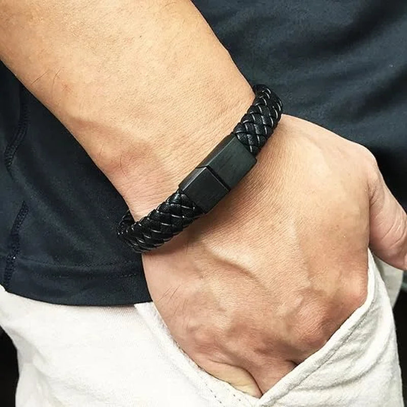 Link Bracelet for Men Black, Bracelet Men Leather Braided Leather Cord Bracelet Stainless Steel Men Bracelet