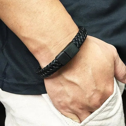 Link Bracelet for Men Black, Bracelet Men Leather Braided Leather Cord Bracelet Stainless Steel Men Bracelet