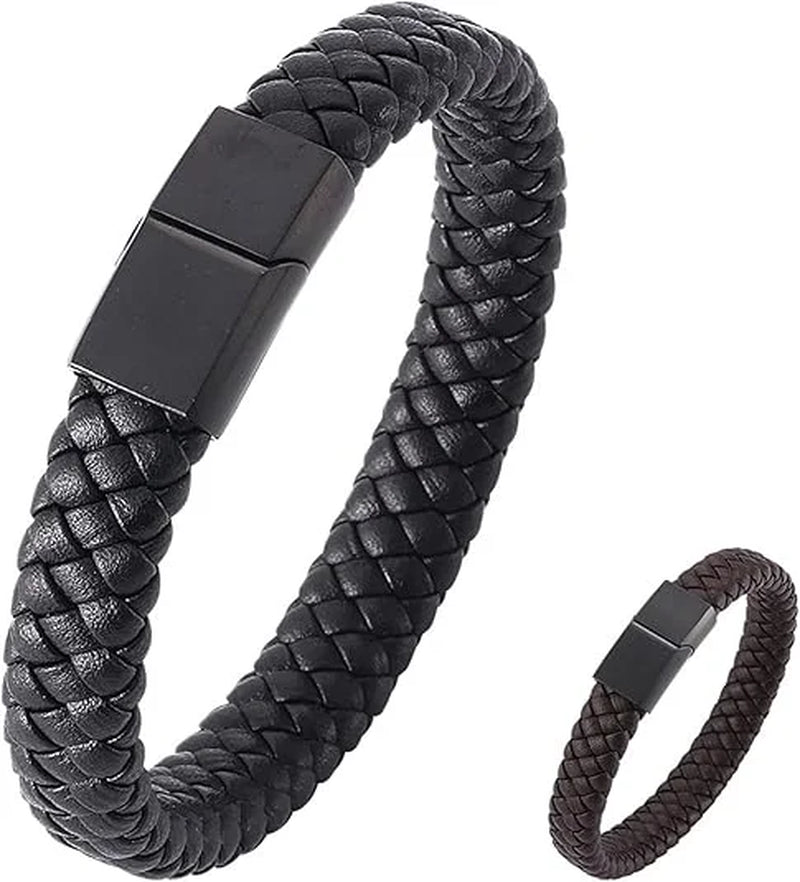 Link Bracelet for Men Black, Bracelet Men Leather Braided Leather Cord Bracelet Stainless Steel Men Bracelet