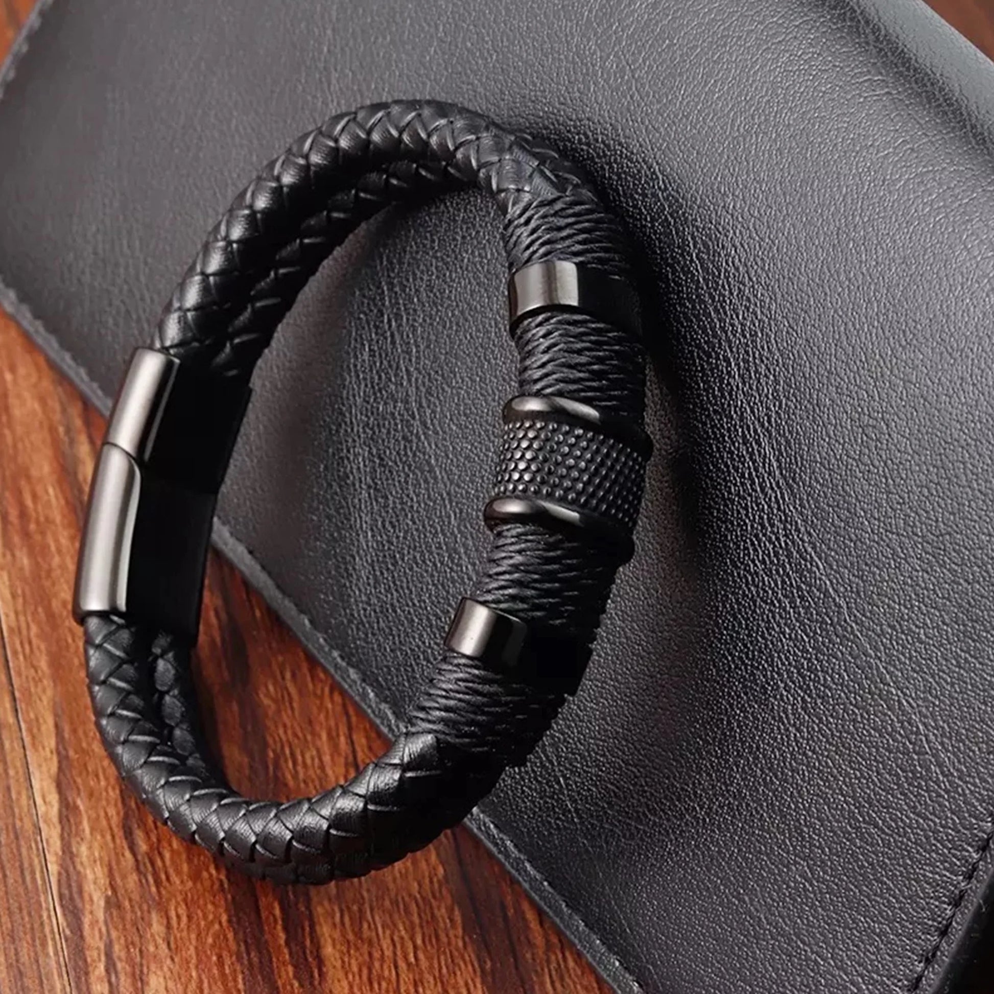 Double Layer Woven Leather Rope Bracelet for Men in 3 Lengths, Black, 8.3 In