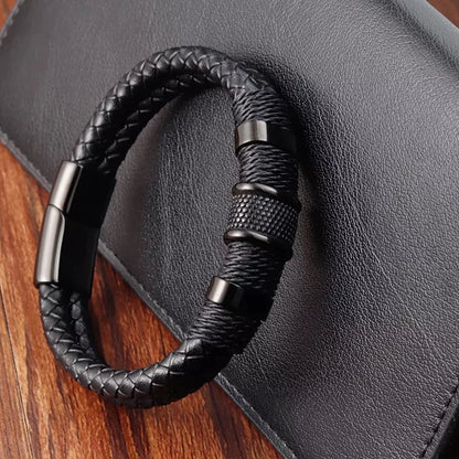 Double Layer Woven Leather Rope Bracelet for Men in 3 Lengths, Black, 8.3 In