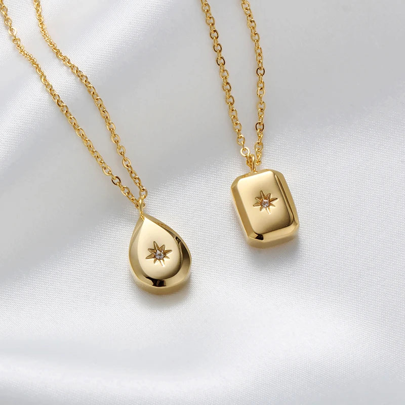 2 Designs Titanium Steel Waterdrop Star Square Geometric Necklaces for Women Minimalist Cz Starburst Necklaces 2021