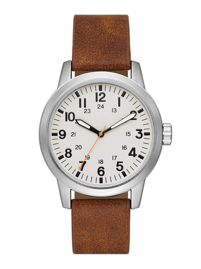 Men'S Watch: Matte Silver Tone Case, off White Easy Read Dial, Tan Vegan Leather Band (FMDOGE048)