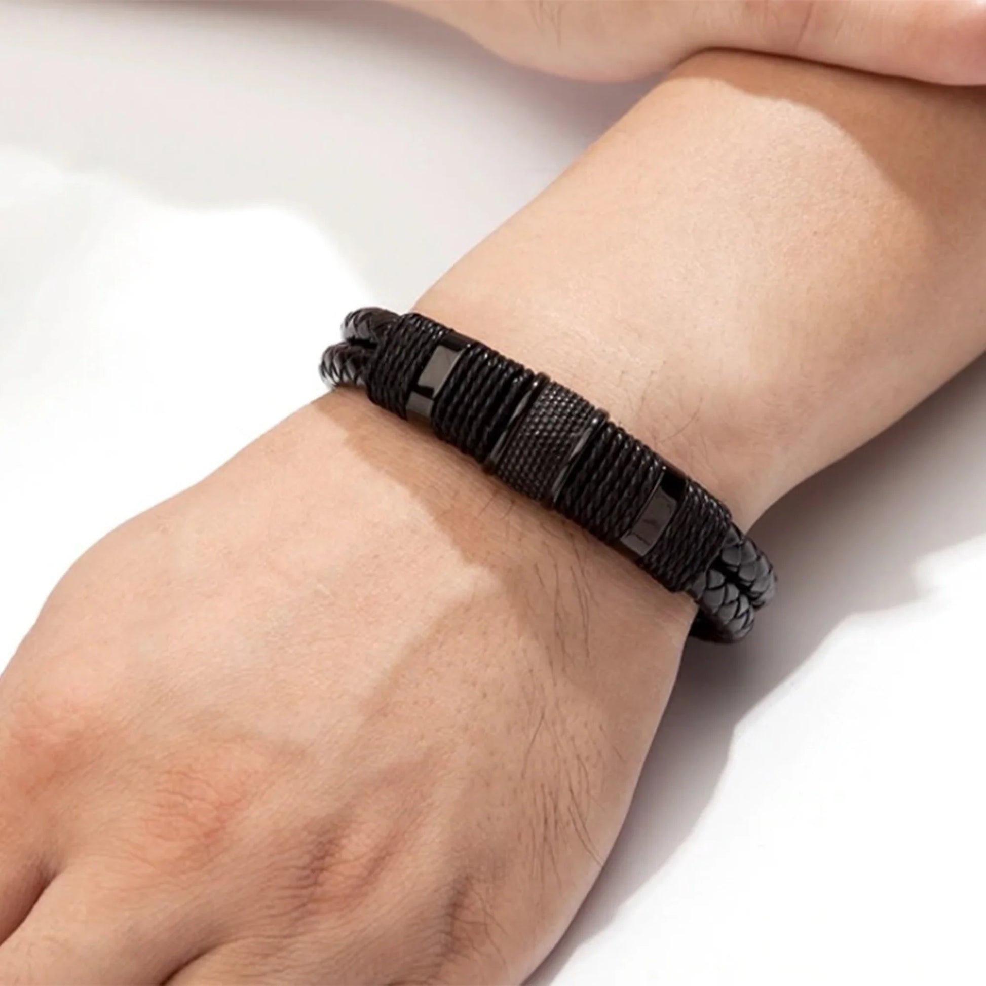 Double Layer Woven Leather Rope Bracelet for Men in 3 Lengths, Black, 8.3 In