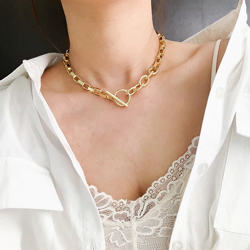 Box Chain Toggle Clasp Gold Color Necklaces Mixed Linked Circle Necklaces for Women Minimalist Choker Necklace Jewelry
