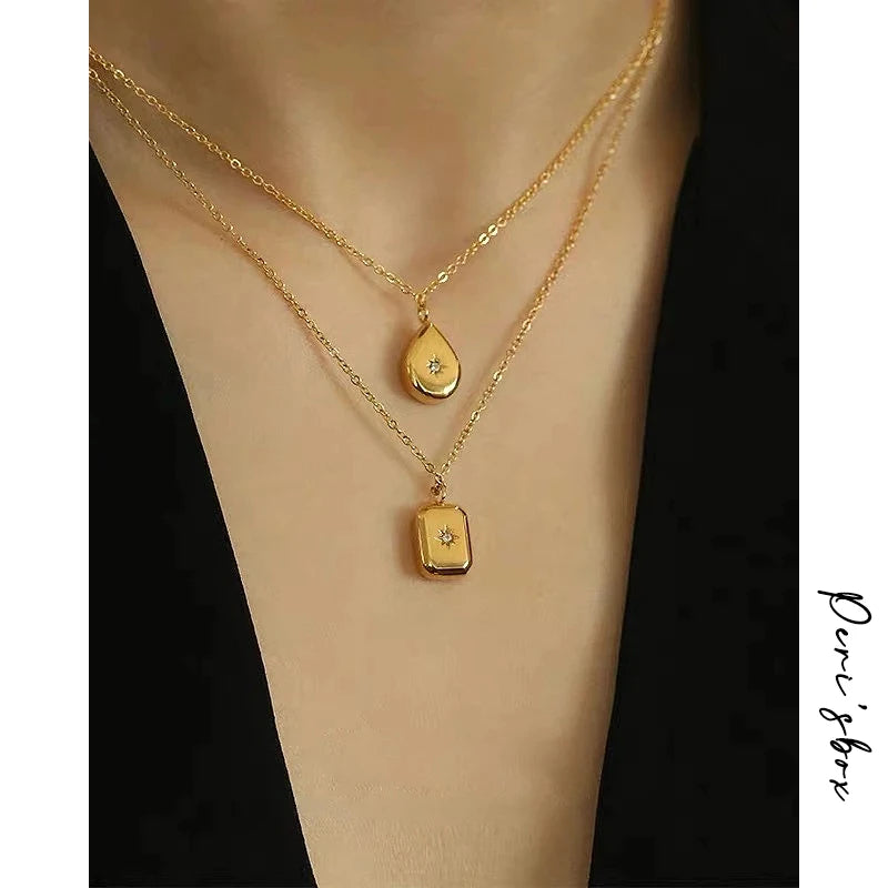2 Designs Titanium Steel Waterdrop Star Square Geometric Necklaces for Women Minimalist Cz Starburst Necklaces 2021