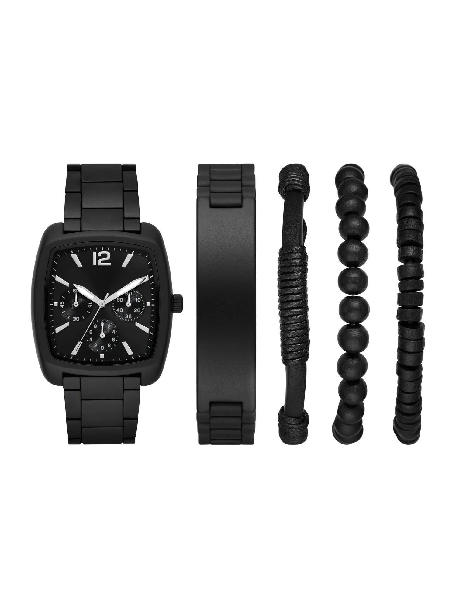 Men'S Gift Set; Matte Black Barrel Case Bracelet Watch, Gunmetal Sunray Dial with Layered Bracelets (FMDAL1185)
