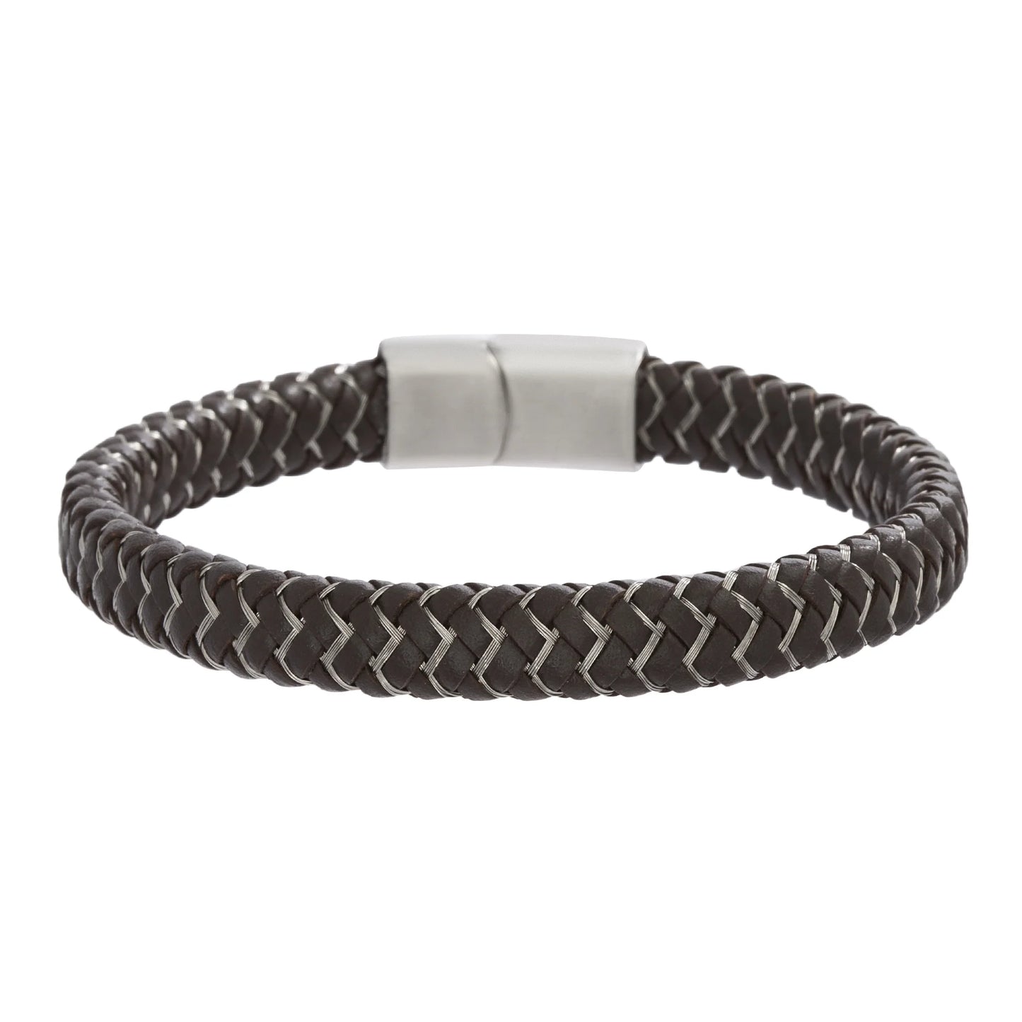 Brown Zig Zag Braided Leather Bracelet in Stainless Steel for Men