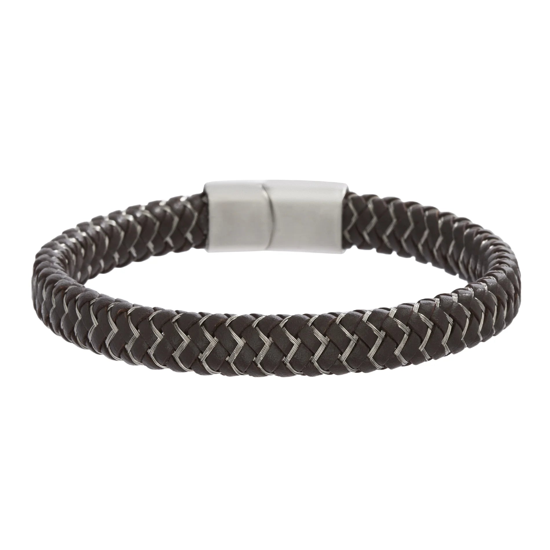 Brown Zig Zag Braided Leather Bracelet in Stainless Steel for Men