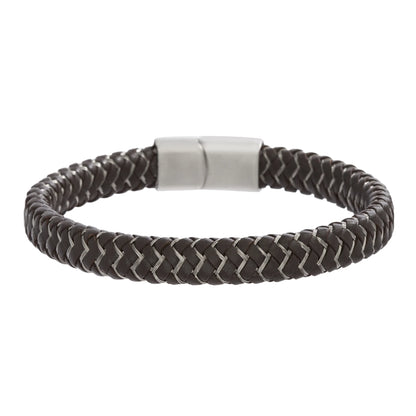 Brown Zig Zag Braided Leather Bracelet in Stainless Steel for Men