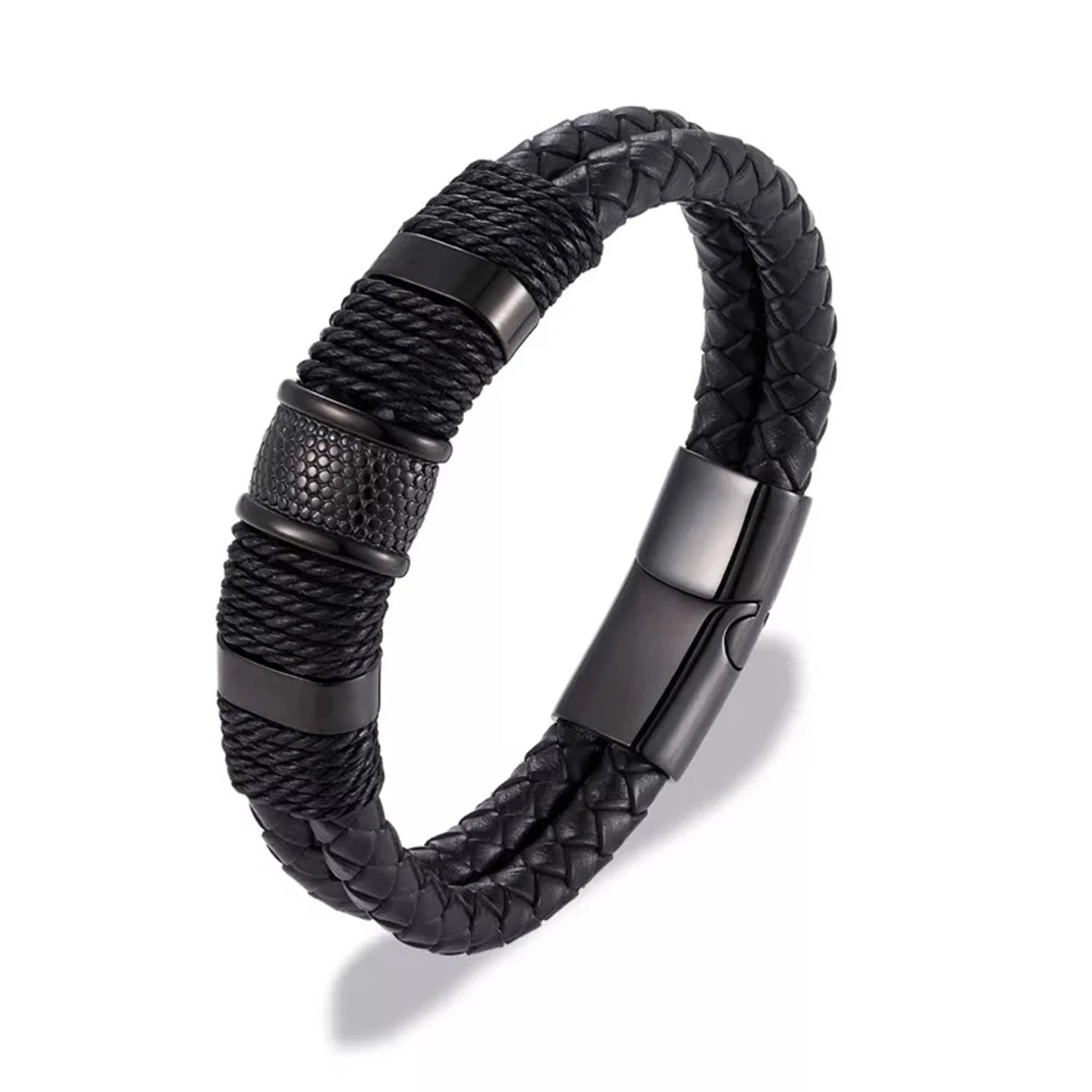 Double Layer Woven Leather Rope Bracelet for Men in 3 Lengths, Black, 8.3 In
