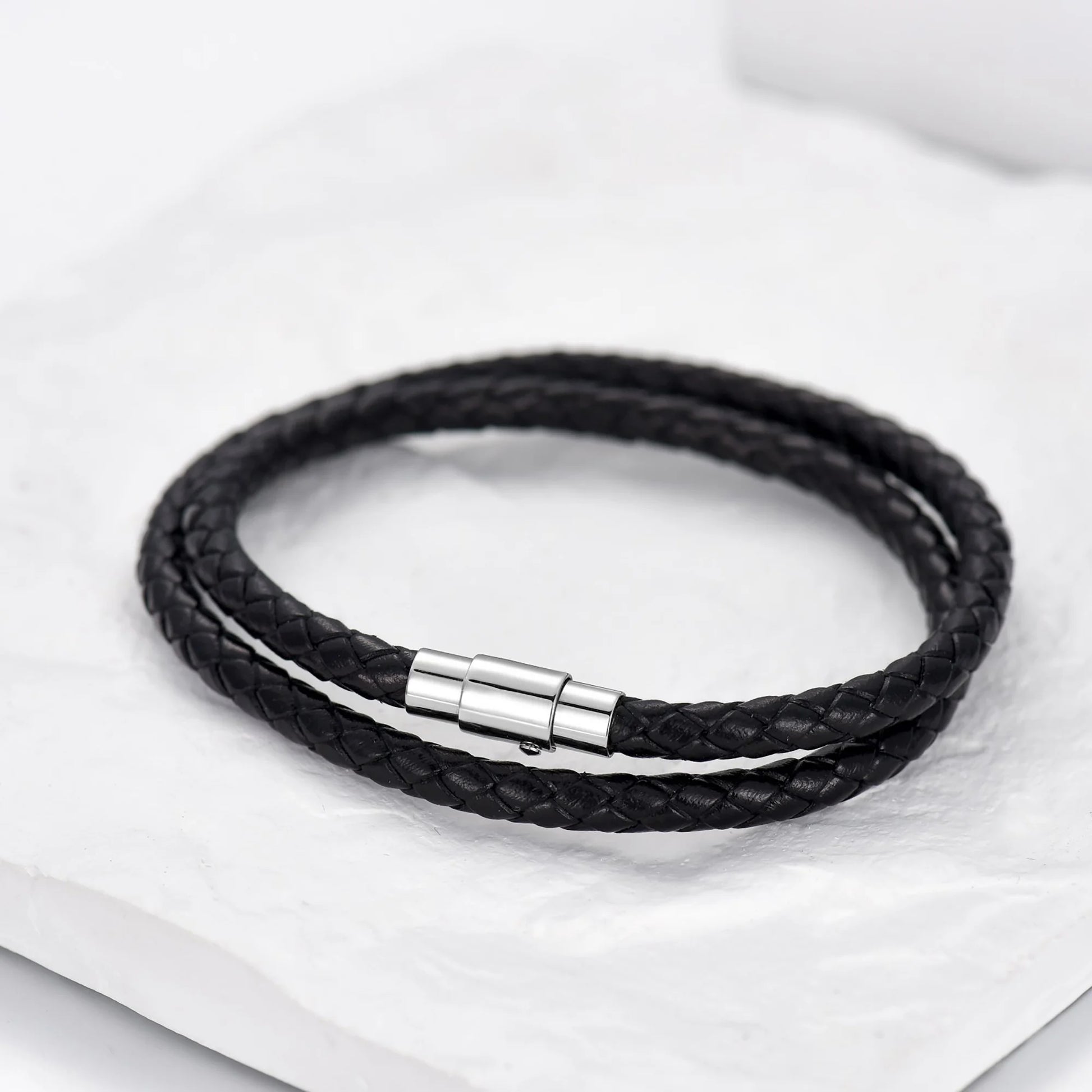 Father'S Day Gifts Italian plus Size Leather Bracelet for Men Women Genuine Double Wrap Black Braided Leather Cuff Bangle Christmas Bracelets for Dad Son Brother, 14 Inches