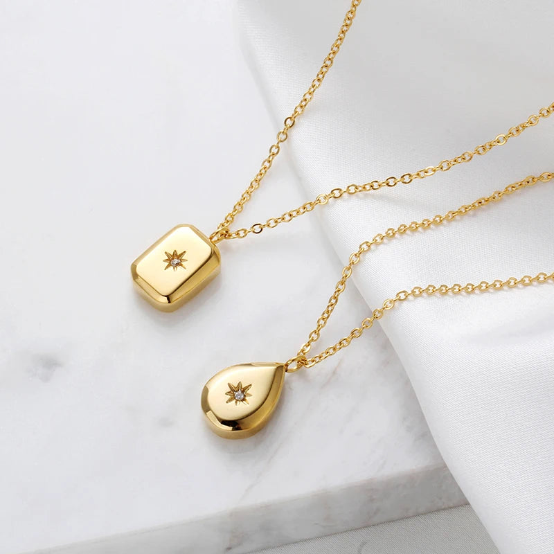 2 Designs Titanium Steel Waterdrop Star Square Geometric Necklaces for Women Minimalist Cz Starburst Necklaces 2021